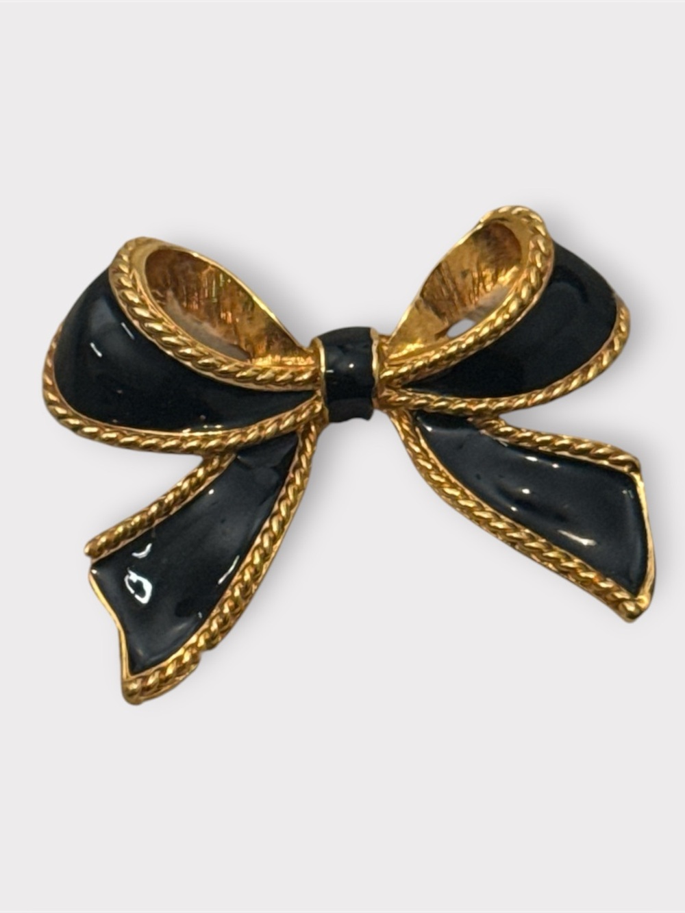 Vintage KJL For Avon Navy Blue Enamel Bow Brooch Gold Tone Ribbon Pin Designer